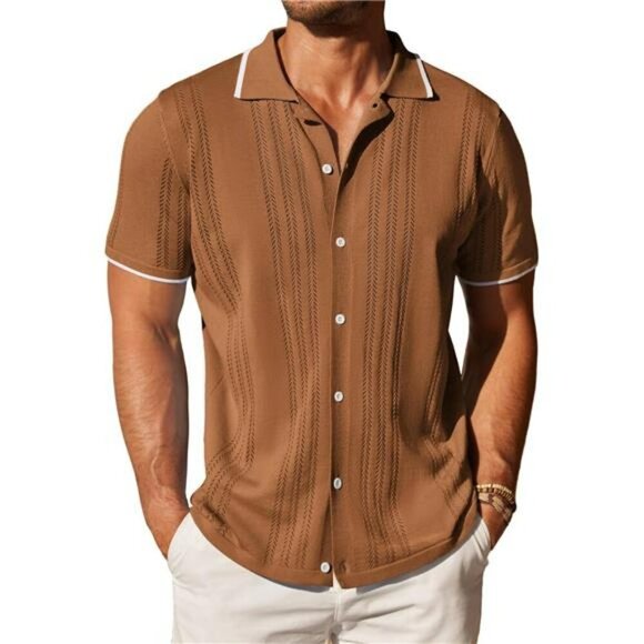 Mens Knit Button Down Shirt Short Sleeve Polo Casual Slim Fit Beach Top - Picture 1 of 7